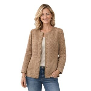 Chico’s, Faux Suede Jacket Tan Laser Cut Scalloped Trim Zip, Size 2 (L)